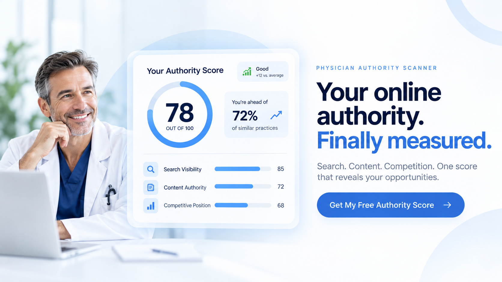 Illustrative authority dashboard beside a physician, showing example online visibility and content scores